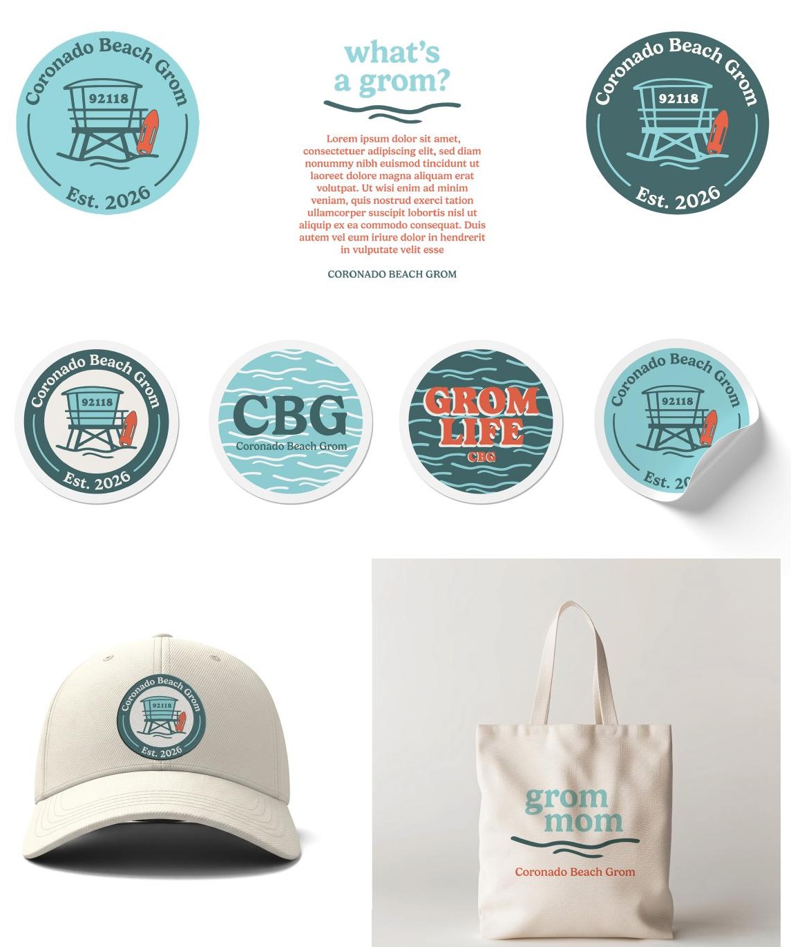 Coronado Beach Grom stickers, hat, and tote mockups